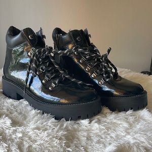 AQUA Round-toe Lace Up Patent Leather Booties